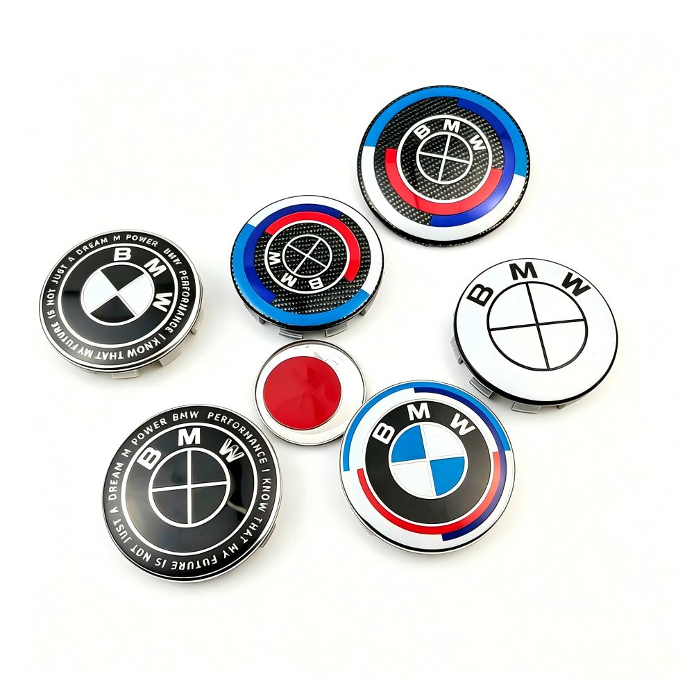7pcs for BMW E36 E46 E53 E90 E60 E61 E93 E87 50th Car Hood Front Rear Trunk Emblem Wheel Center Hub Cap X1 X3 X5 F30 F20 G30