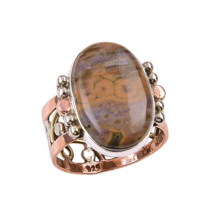Natural Ocean Jasper Gemstone 925 Solid Sterling Silver Two Tone Ring S.7 A0o27