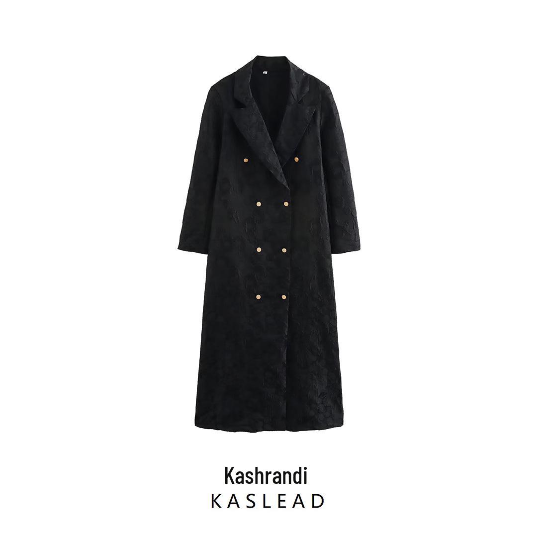 

2025 Spring Women s European & American Style Double-Breasted Textured Long Coat M