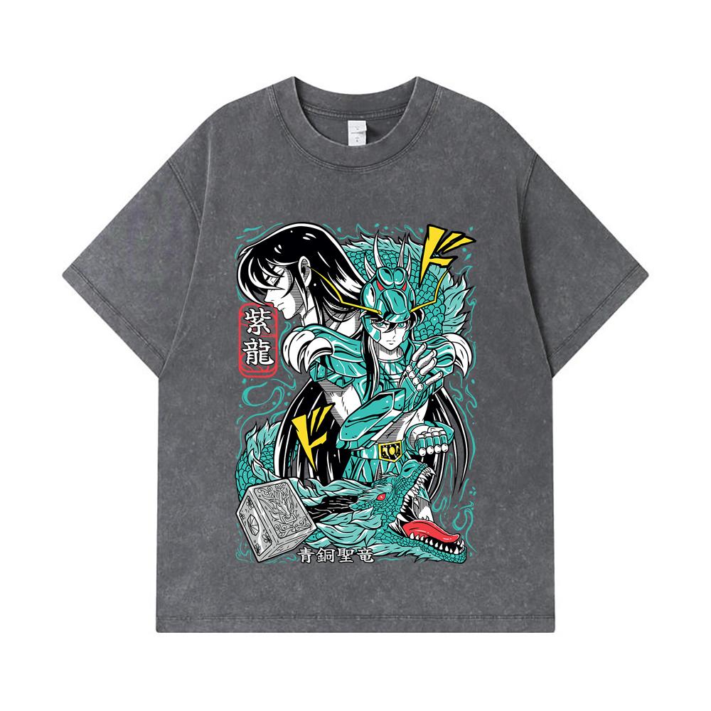 275 GSM Washed T-shirts 100% Cotton Saint Seiya V8 Shiryu Print Unisex Heavy Cotton T Shirt