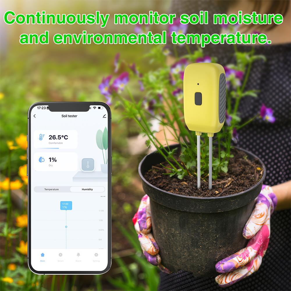Soil Moisture Meter Smart Plant Water Sensor Temperature and Humidity Alarm Outdoor IPX5 Waterproof Dual needle Soil