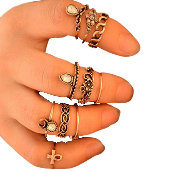 10Pcs/Set Knuckle Finger Rings Vintage Anti-rust Flower Hollow Women Jewelry for Camping