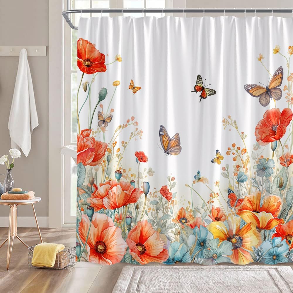 Floral Shower Curtain Blue Daisy Flower Butterfly Spring Nature Watercolor Yellow White Bathroom Home Curtain Decor With Hooks