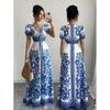 European and American Summer New Floral V-neck Bubble Sleeves Elegant and Exquisite Holiday Long Dress Women