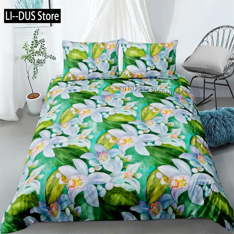 Vibrant Botanical Floral Duvet Cover Twin Size Lotus Flower Leaves Bedding Set Soft Tropical Tree Quilt Cover with Pillowcases