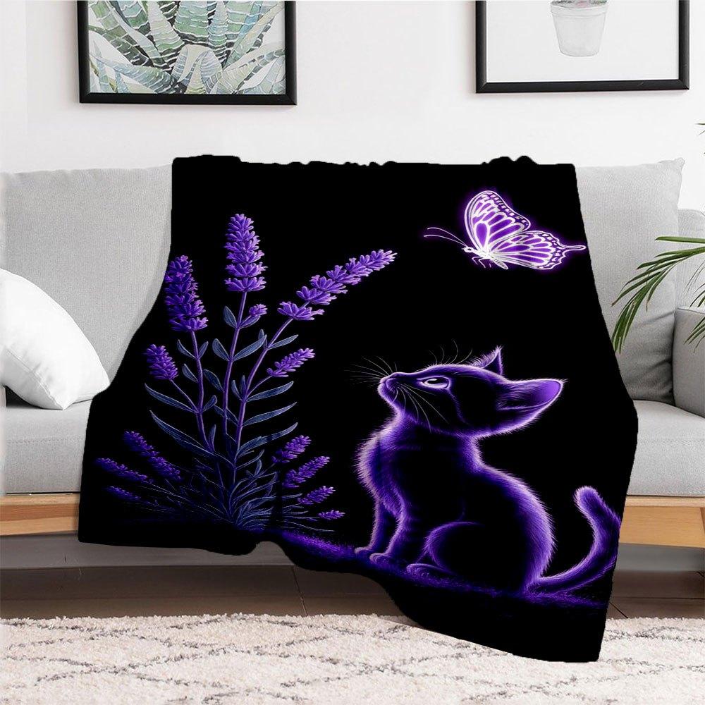Purple Butterfly Lavender Cat Wall Art Print PosterBlanket Flannel Throw Blanket for Sofa, Bed, Travel, Camping, Office