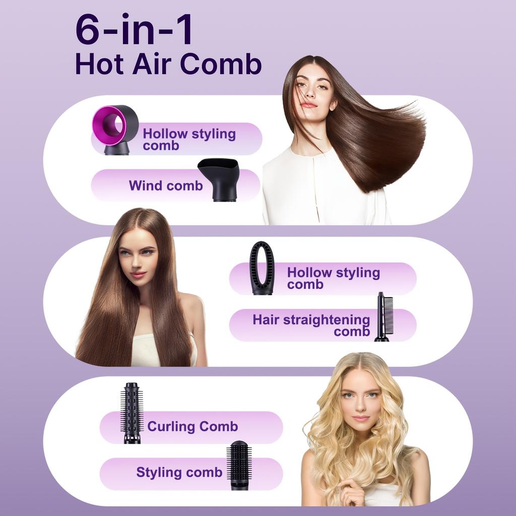 Uscător de păr electric 6 în 1 Perie cu aer cald Multifuncțional Placă de îndreptat părul Ondulator cu ioni negativi Uscător de păr Set de styling