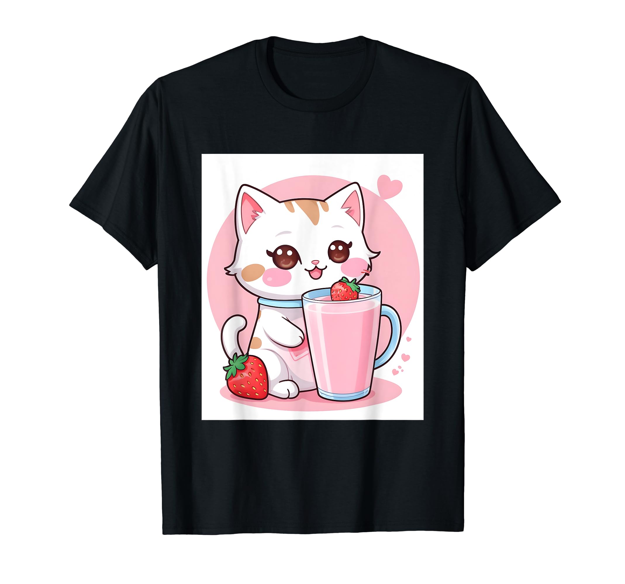 

strawberry things printed Kawaii, cat, milk, cute, Japanese, T-shirt чорний
