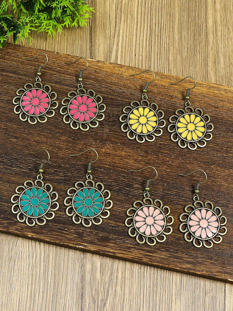 Vintage Bohemian Style Colorful Sunflower Alloy Dropping Oil Pendant Earrings Pendant Ornaments Women's Daily Versatile