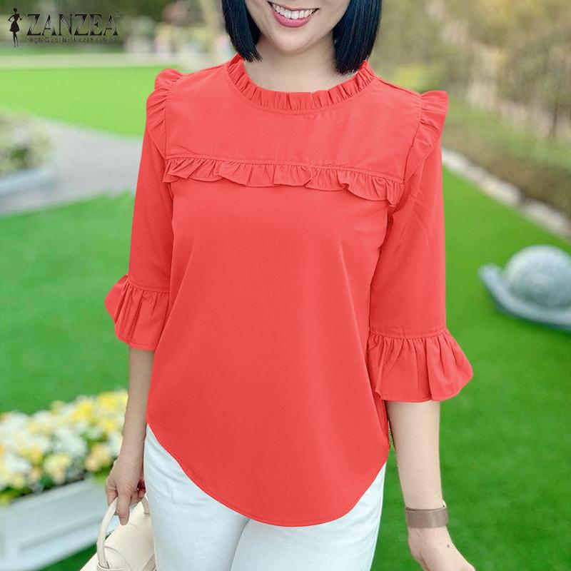 ZANZEA Women Casual Fungus Ruffled Edge Crew Neck 3/4 Sleeve Blouse
