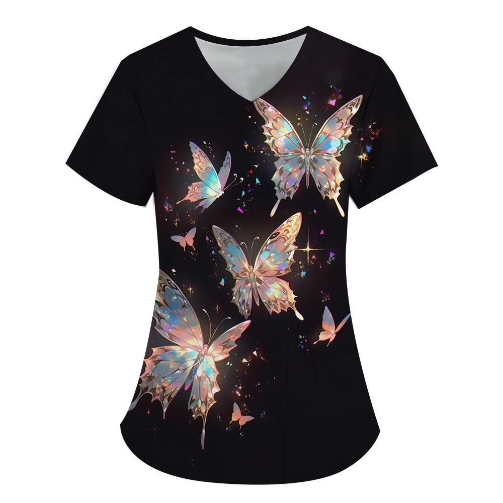 Damen T-Shirt V-Ausschnitt Krankenschwester Uniform Pendeln Schwarze Serie Schmetterlingsdruck Damen T-Shirt