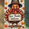 1pc Vintage Turkey Metal Wall Sign, Rustic Give Thanks Welcome Plaque, Smiling Turkey Autumn Leaves Thanksgiving Decor