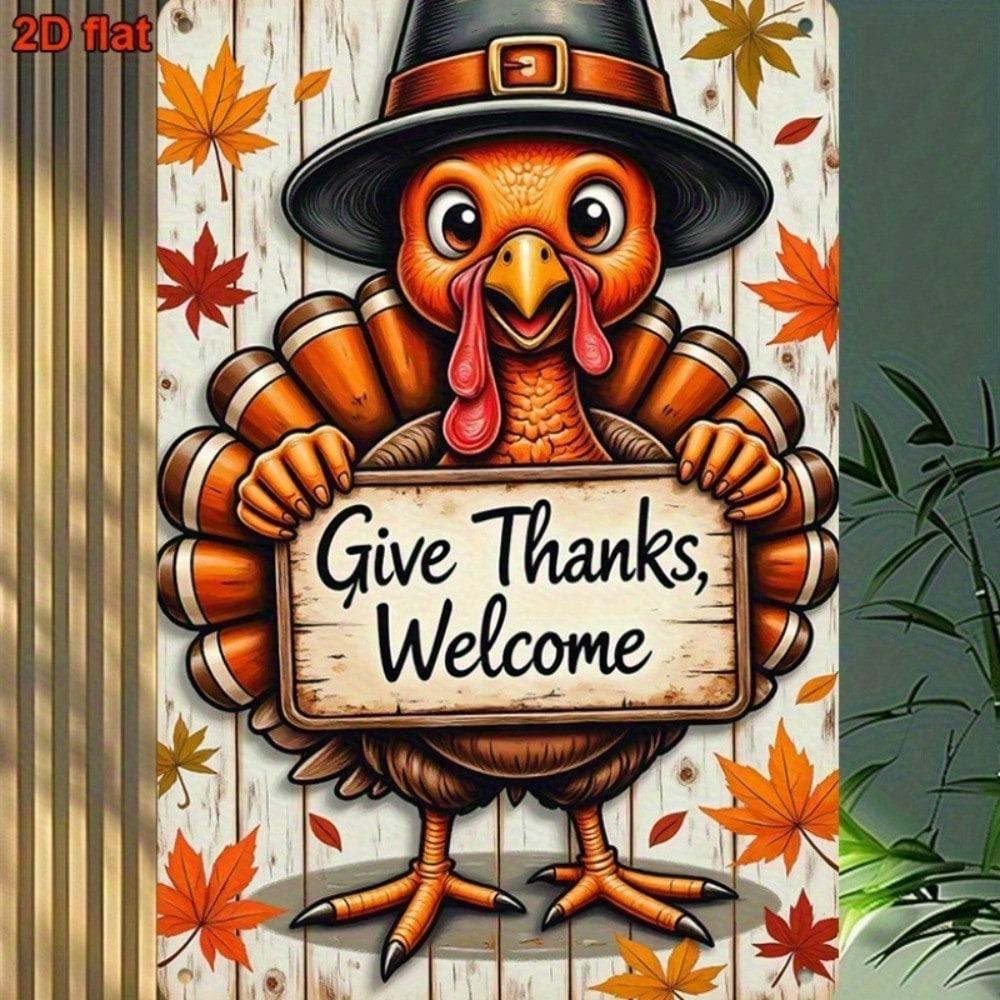1pc Vintage Turkey Metal Wall Sign, Rustic Give Thanks Welcome Plaque, Smiling Turkey Autumn Leaves Thanksgiving Decor