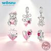 WOSTU Real 925 Sterling Silver Pink Charms Bear Strawberry Heart Beads Fit Original Bracelet Enamel Fine Jewelry Gift For Girl