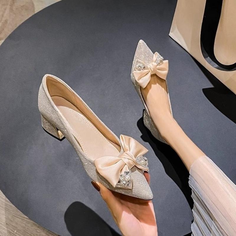 2026 New Women Fashion Pumps Girl Sexy Pointed Toe High Heels Shoes Elegant Rhinestone Bowknot Wedding Shoes