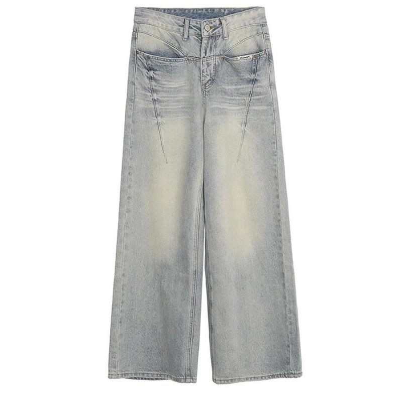 2026 New American Street Style Straight Leg Jeans, Light Blue High Waist Wide Leg Trousers for Women with Slimming Design