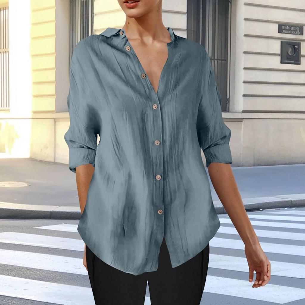 Long Sleeve Linen Shirts For Women Button Down Loose Color Blouse Lightweight Casual Lapel Tunic Tops