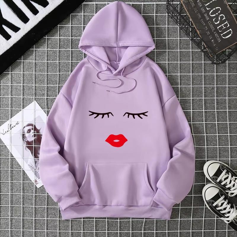2025 Pretty Cute Eye Lashes Red Lips Print Women Hoodie Summer Casual Short Sleeve O Neck t-shirt Ladies White Hooded Sweatshirt