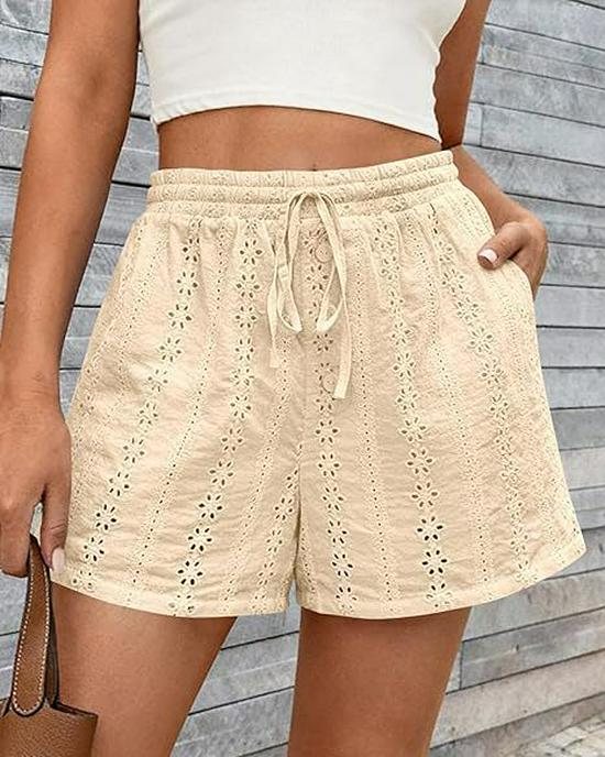 

2026 European and American Women s Casual Hollow Elastic Drawstring Beach Shorts in Solid Color XL абрикосовый