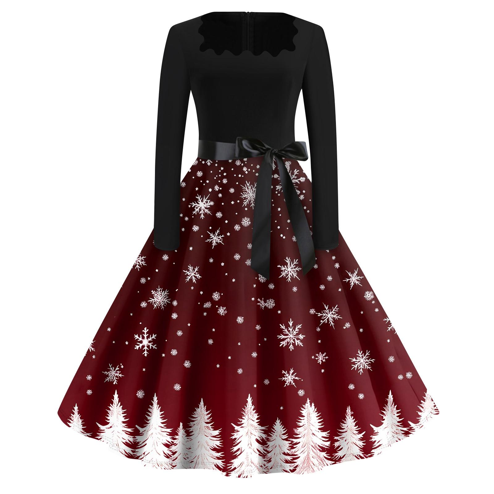 

Рождественский принт расклешенное платье для женщин платье с длинным рукавом ажурное вечернее повседневное платье с квадратным воротником XL