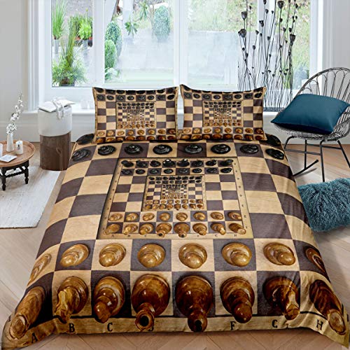 International Chess Duvet Cover Set Black White Lattice Checkerboard Comforter Cover Competition Game for Kids Teens Bedding Set