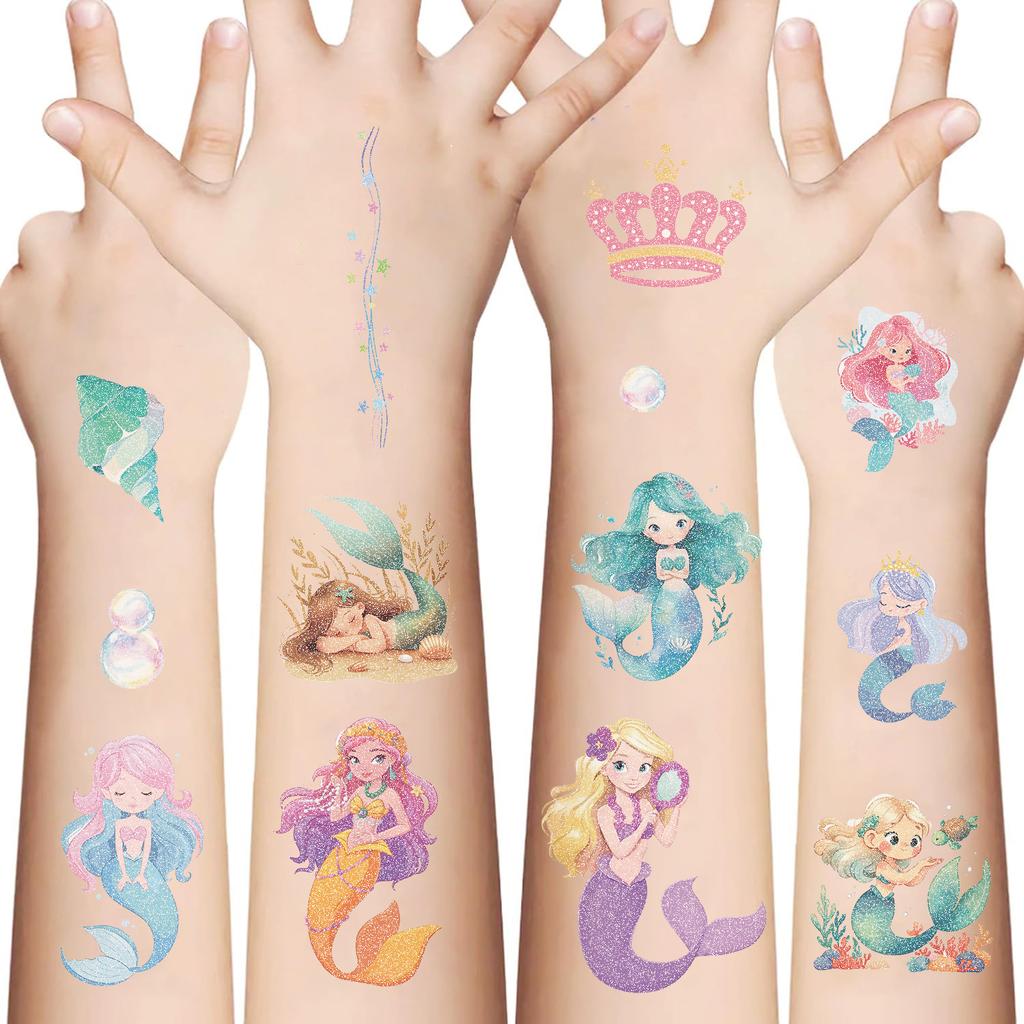New Cartoon Mermaid Series Glitter Pink Tattoo Stickers Waterproof Party Gift Funny Face Stickers