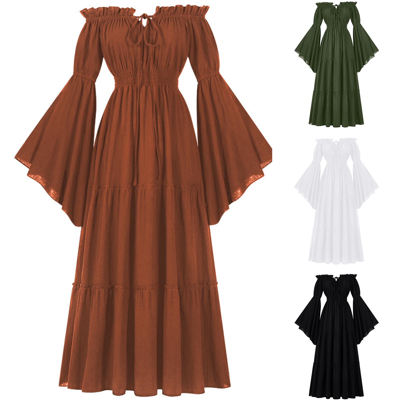 

Women s Off-Shoulder Dress Bell Solid Color Long Sleeve Elastic Tiered Flowy Long Dresses Costume XL