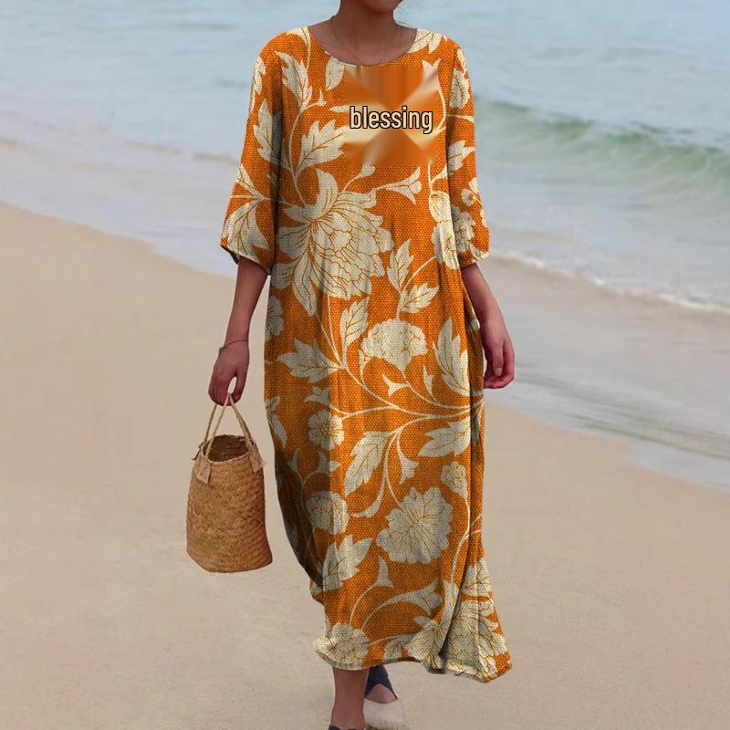 Dámské retro květinové midi šaty s dlouhým rukávem - Evropský a americký vintage styl