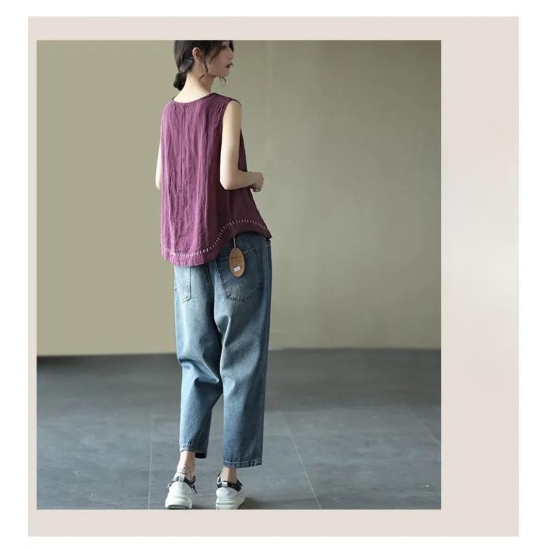 Solid Color Cotton and Linen Embroidered Vest T-shirt Women's Summer Loose Casual Sleeveless Top
