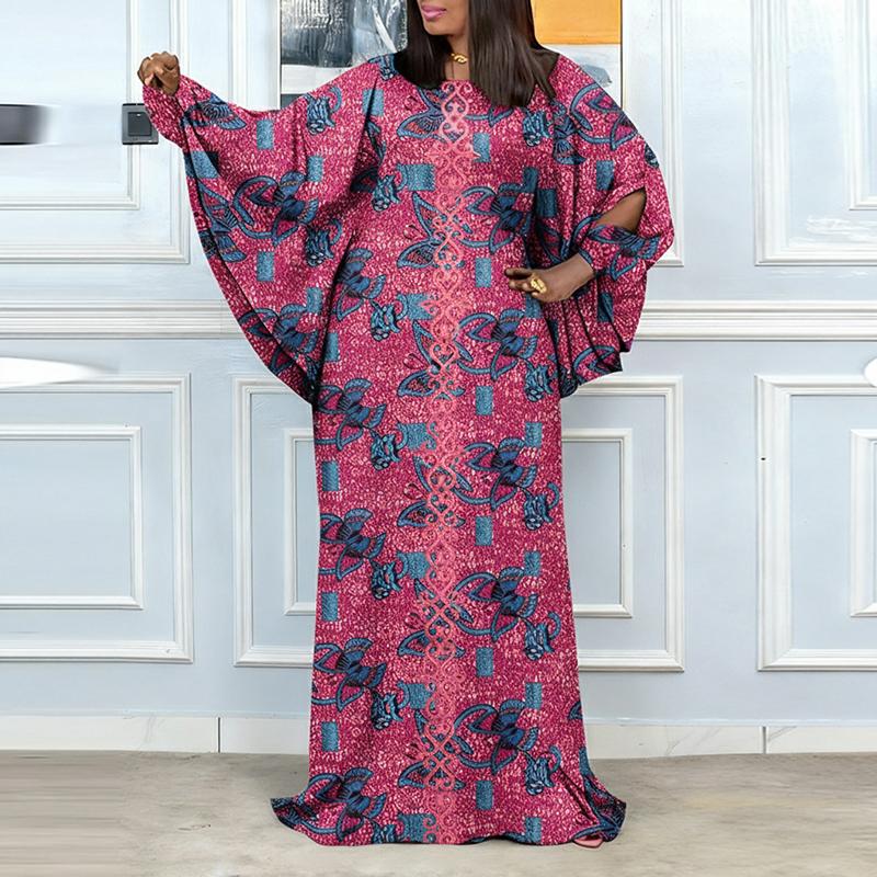 L-5XL Women O Neck Batwing Long Sleeve Floral Print Casual Loose Maxi Kaftan Dress