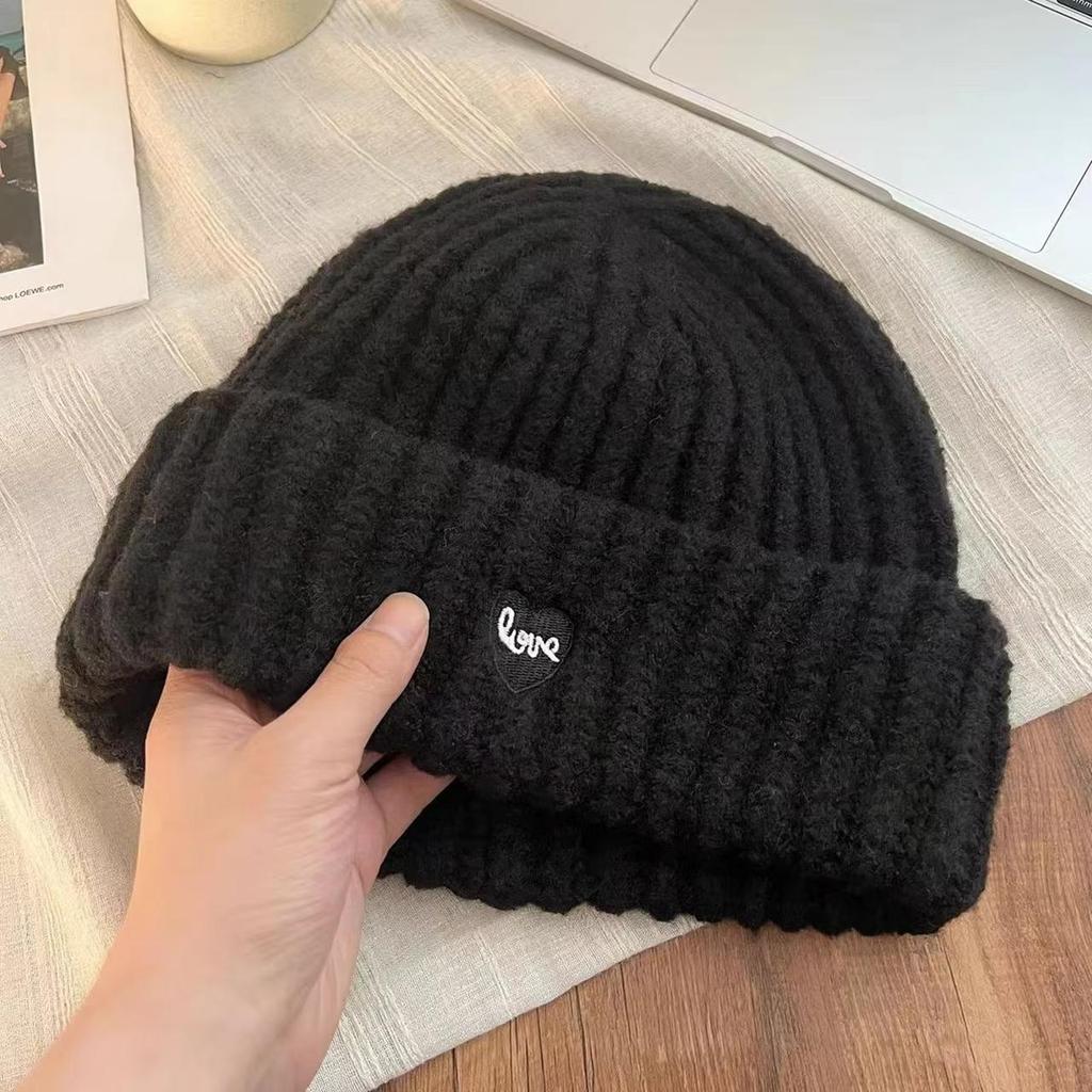 Love Heart Embroidered Beanie Cap for Women Thicken Warm Woolen Knitted Elastic Ear Protection Skullcap Outdoor Ski Snow Hats
