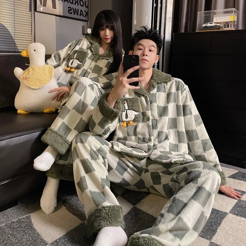 Coral Fleece Couple Pajamas Set Cartoon Lined Zip Sleepwear Men Women