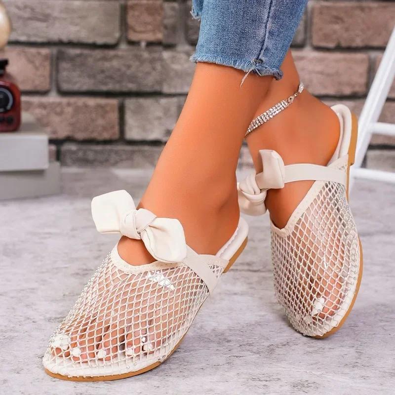 

Fashion Ladies Shoes on Sale 2025 Brand Women s Slippers Summer Closed Toe Solid Net Cloth Butterfly-knot Square Heels Casual Slippers 35 белый