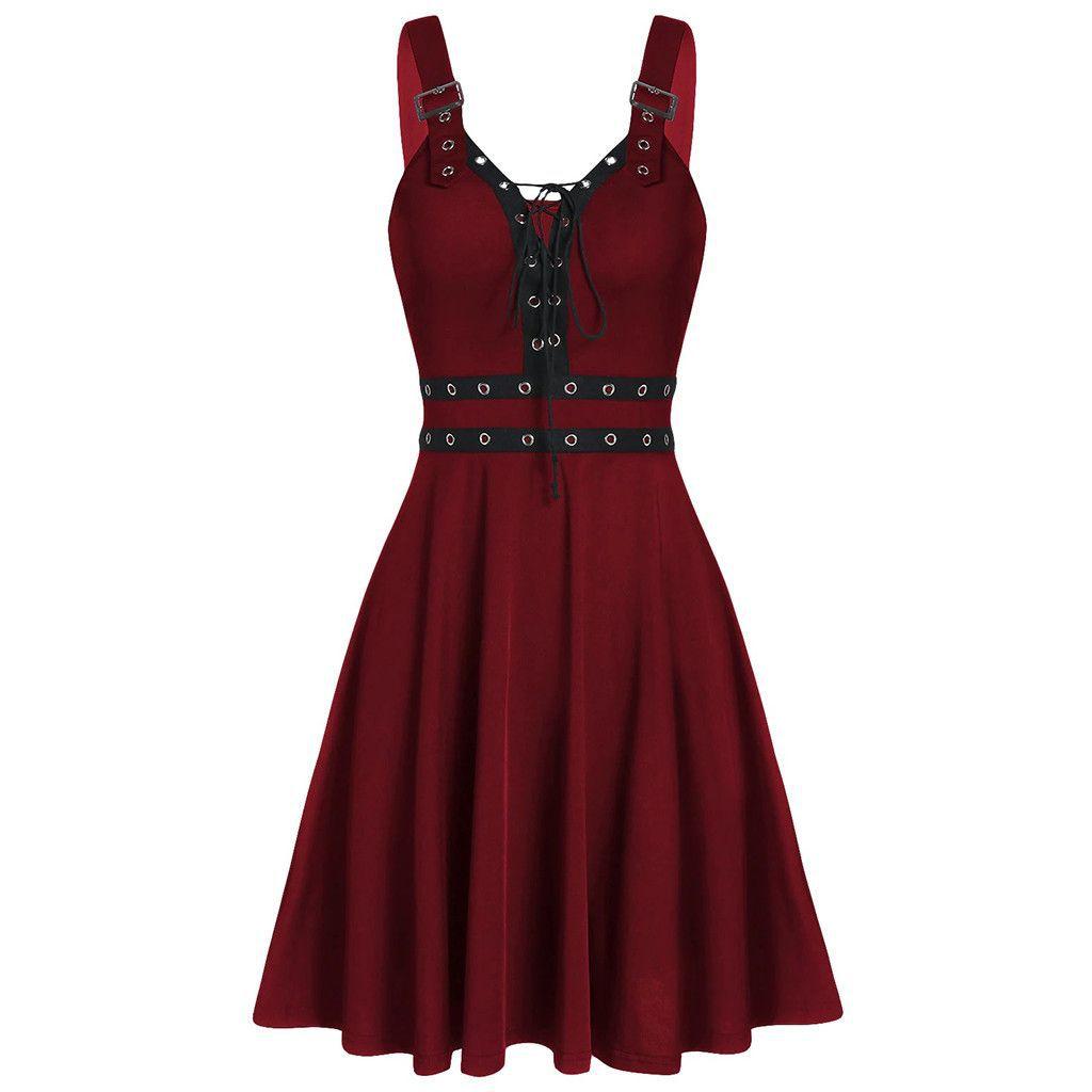 Damenkleid Gothic Punk Stil Kleid Patchwork Bandage Trägerkleid