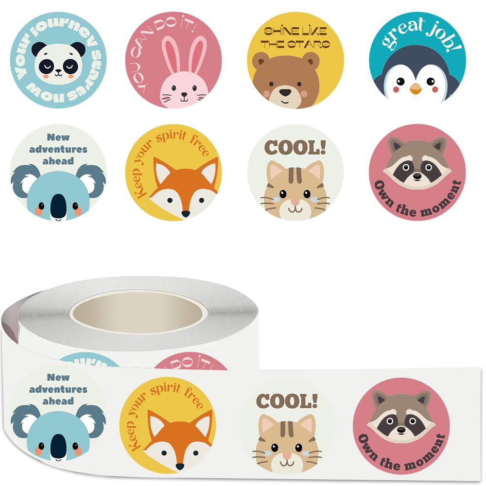 500 Pcs/Roll Motivational Animal Cartoon Stickers Fun Rewards Colorful Animals Round Roll Stickers Kids DIY Water Cups Decals