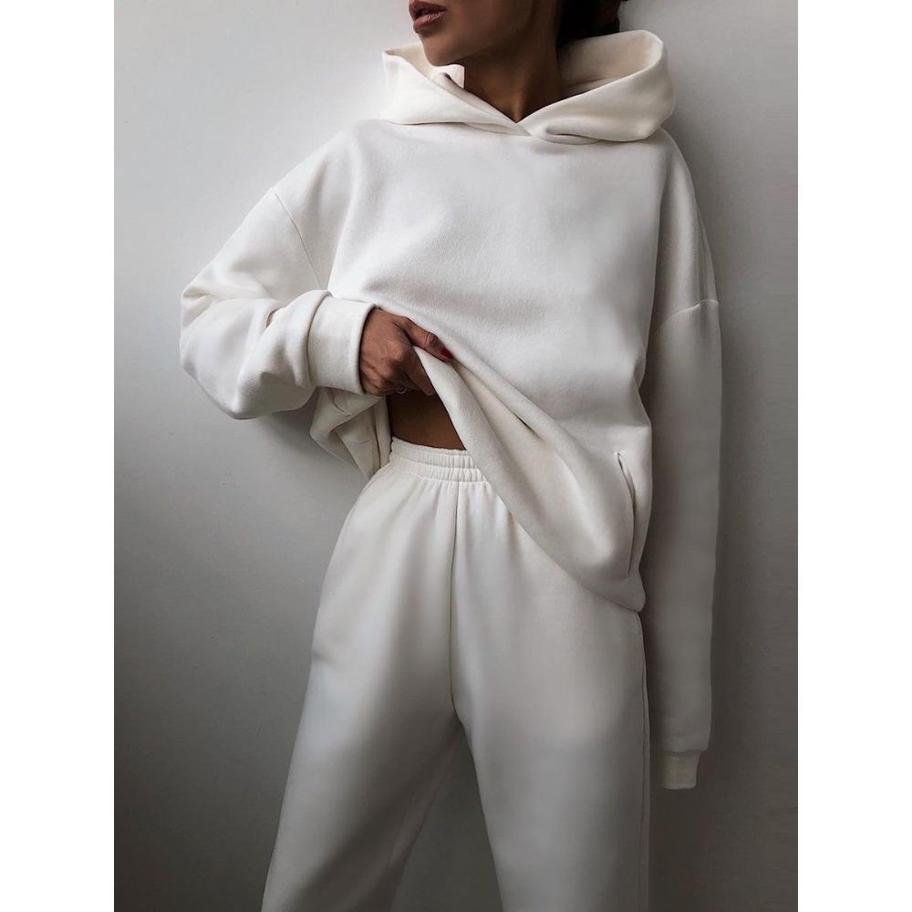 GMXIA Autumn and Winter Loose, Fleece and Thick Women's Set, Sporty, Casual and Fashionable, Solid-color Hooded Sweatshirt and Skinny Pants Set