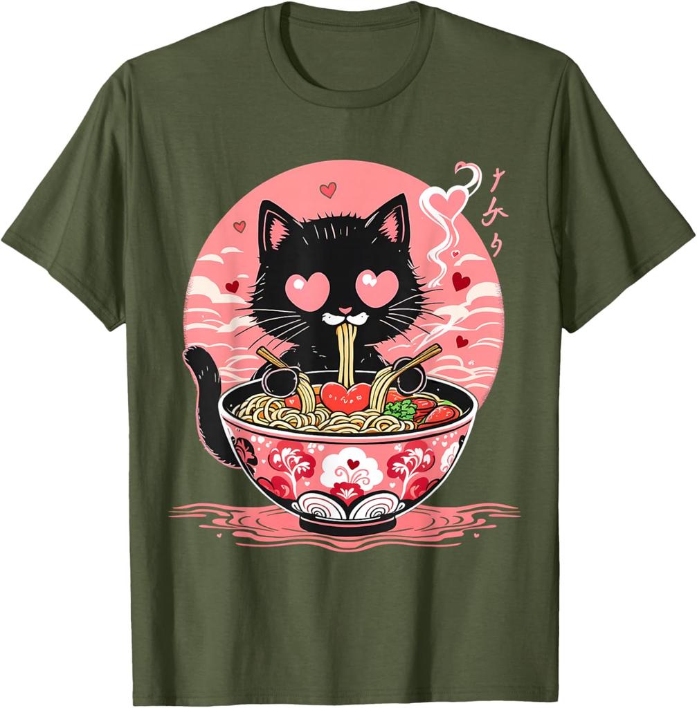 Kawaii Black Cat Eating Ramen Anime Japanese Aesthetic Graphic Tee Men Women Daily Perfect for Foodies Cat Moms