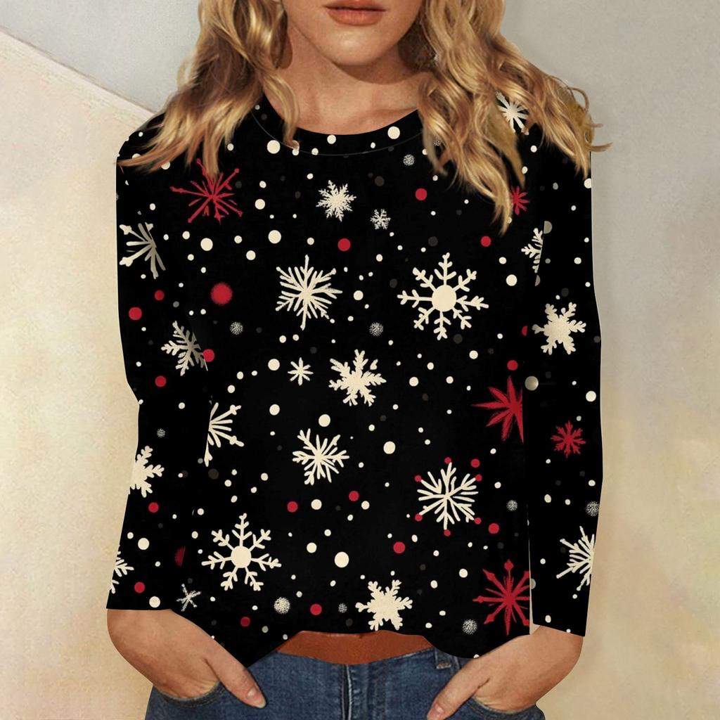 3D Christmas Snowflake Gradient Print Round Neck Long Sleeve T-shirt Casual Long Sleeve Top Party Loose Women's Top