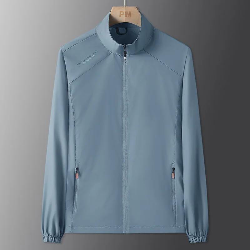 

Летняя мужская легкая дышащая ветровка с воротником-стойкой, повседневная куртка из ледяного шелка, приятная к коже, защита от солнца, верхняя одежда XXL светло-синий