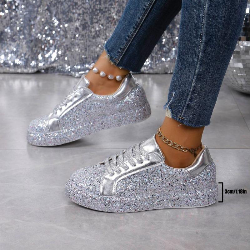 2025 Spring New Arrival Plus Size Lace-Up Women's Shoes Sequin-Embellished Round-Toe Casual Flats