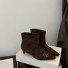 2025 Autumn and Winter Pointed Cat Heel Small Short Boots Low Heel Belt Buckle Thin Boots Women