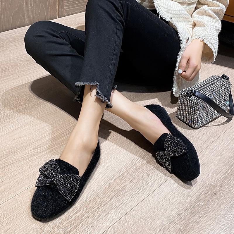 Модные зимние туфли с хрустальным бантом, женские пушистые балетки из кроличьего меха, женские теплые плюшевые лоферы с подкладкой из кашемира, мокасины, пушистые шерстяные туфли