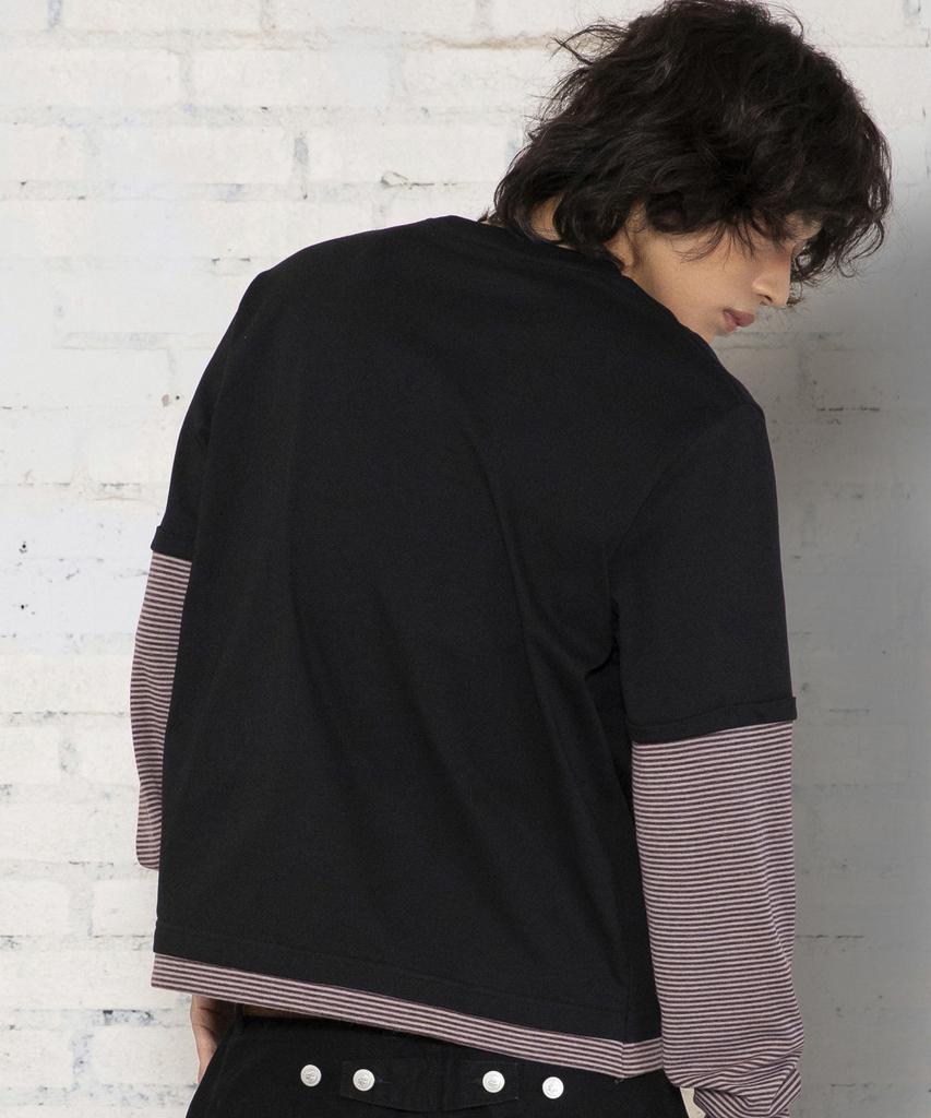 XTONZ Xtt166 Roll-Up Layered Crop Long Sleeve (Stripe Black)