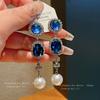 Silver Needle Diamond Oval Pearl Tassel Necklace Earrings Set French Retro Light Luxury High-end Jewelry Women