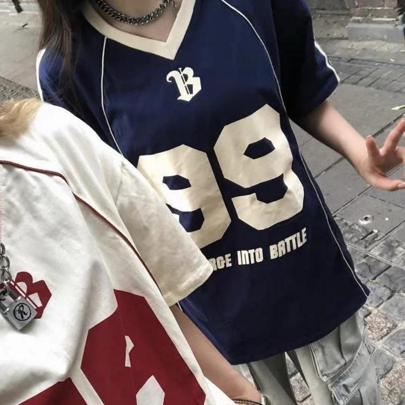 2KWEIRD Y2K American Retro Splicing Contrasting Color Loose Sports Top Street V Neck T Shirt Hip Hop Summer Goth Trend Design Couple