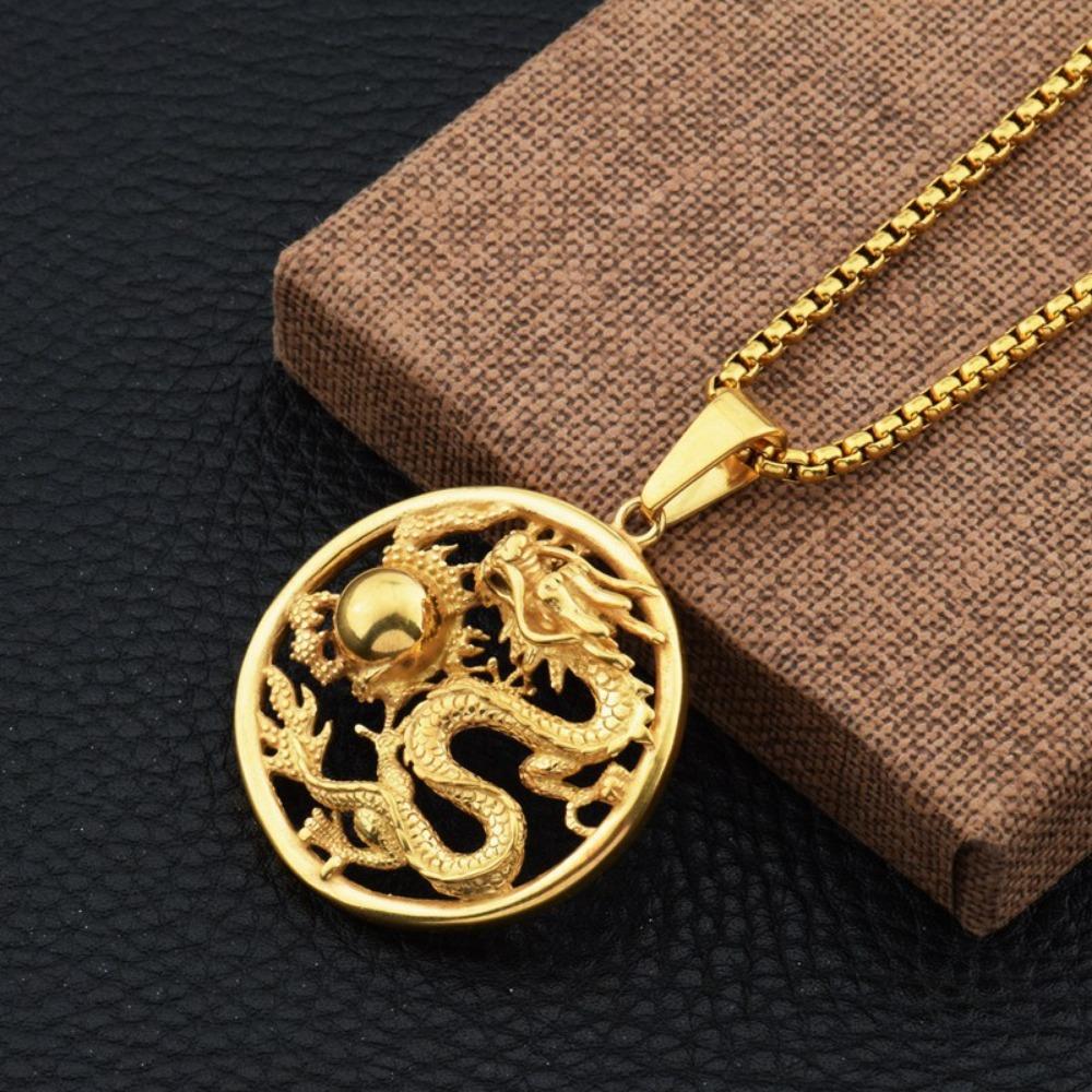 Ethnic Style Men's Retro Necklace Pan Long Play Ball Pendant Dragon Pattern Personality Pendant Long Sweater Chain Accessories