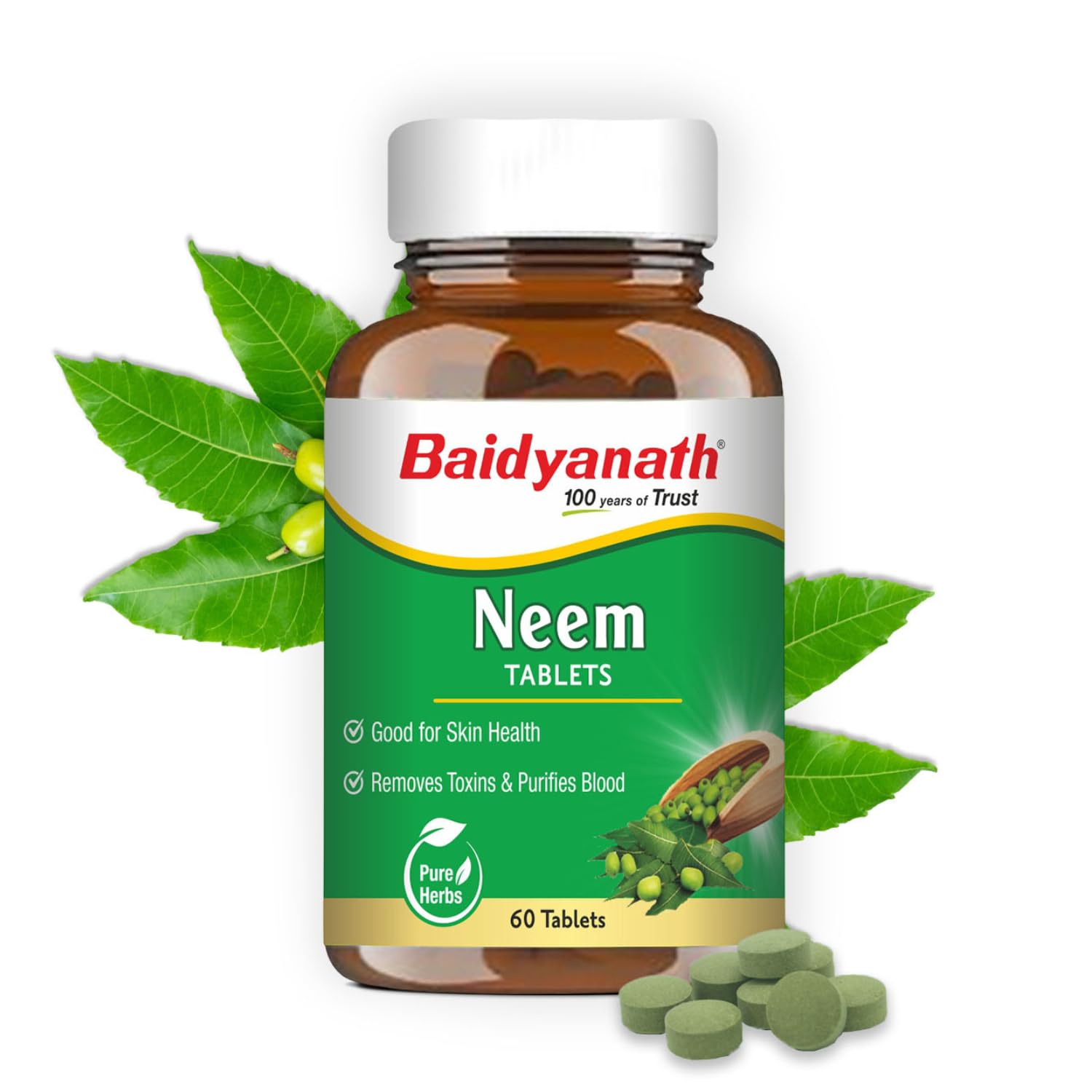 

Baidyanath Neem Tablets 60 Tabs (250 mg Each) Pack of 2 | Natural Neem Extract For Skin, Hair & Blood Purification | Supports Liver Health & Detox