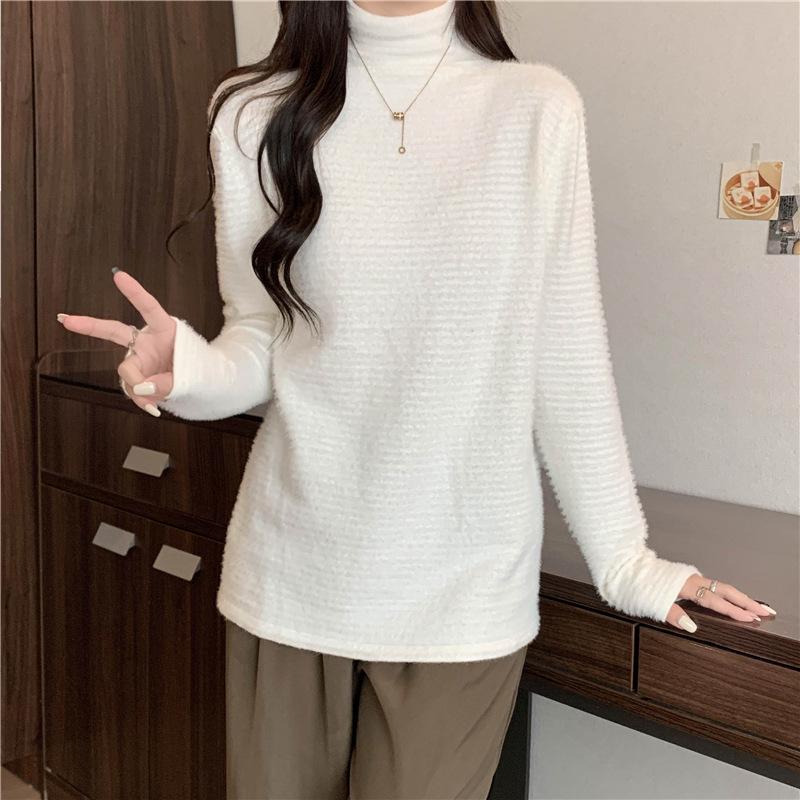 Women's Winter 2022 Mink Velvet Lace Shirt - Slim Fit, Half-High Collar, Solid Color Top