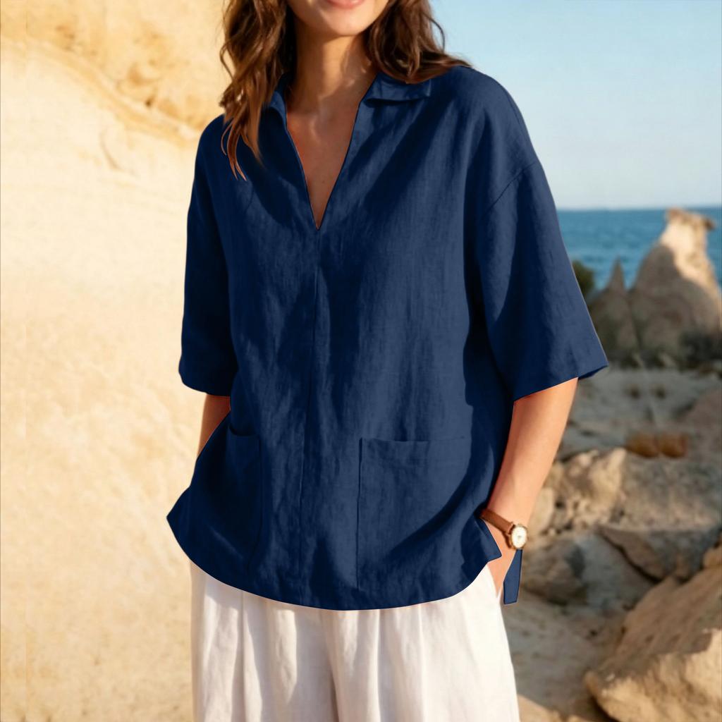 Women's V Neck Linen Cotton Blend Loose Fit Shirt Half Sleeve Casual Blouse with Front Pockets Lightweight Breathable Fabric
