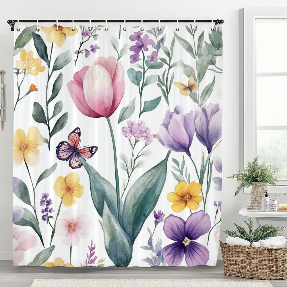 Floral Shower Curtain, Bathroom Watercolor Floral Shower Curtain, Modern Flowers Decorative Fabric Home Curtain With Hooks